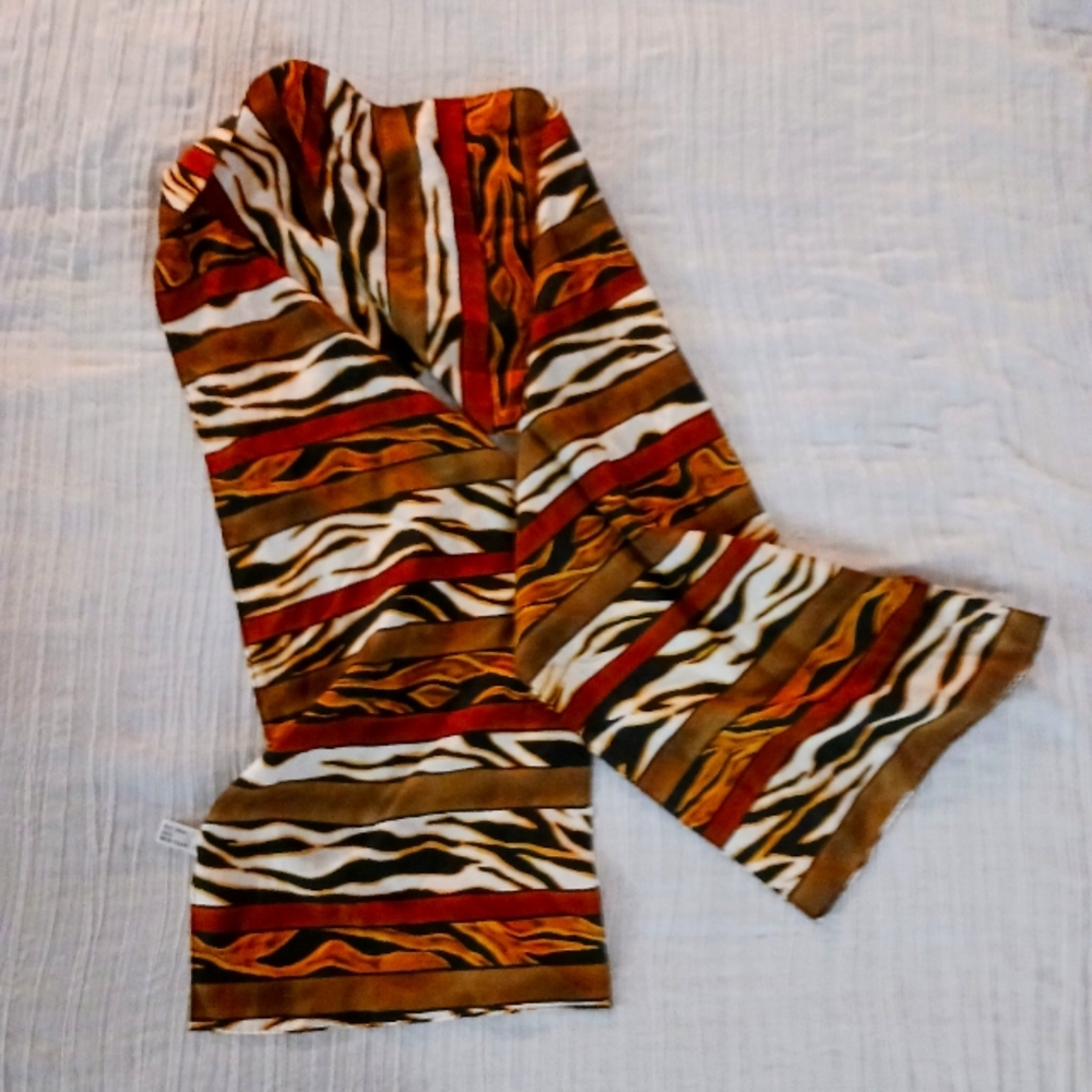Vtg 80's Animal Print Scarf Silk Black Brown Korea